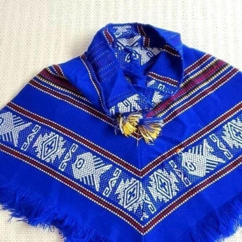 Tejidos Diaz Vintage Sz. XS‎ Colorful Aztec 90% Wool Shawl Poncho
